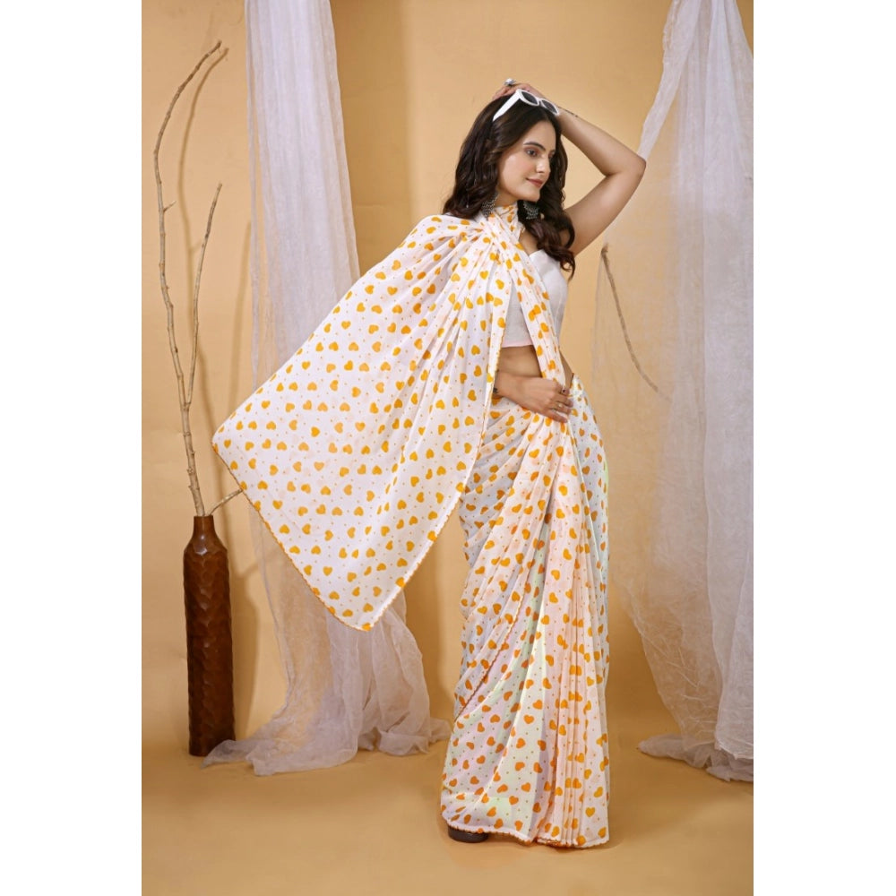 Women's Georgette Printed Saree With Unstitched Blouse 5.5 Mtr (White-Yellow)