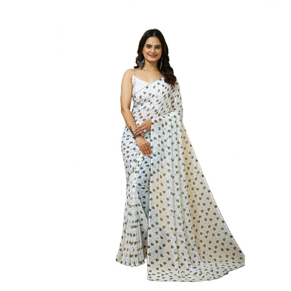 Women's Georgette Printed Saree With Unstitched Blouse 5.5 Mtr (White-Grey)