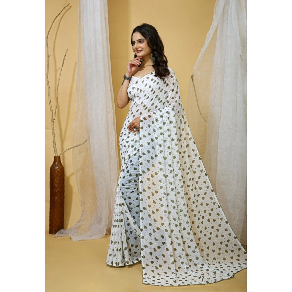 Women's Georgette Printed Saree With Unstitched Blouse 5.5 Mtr (White-Grey)