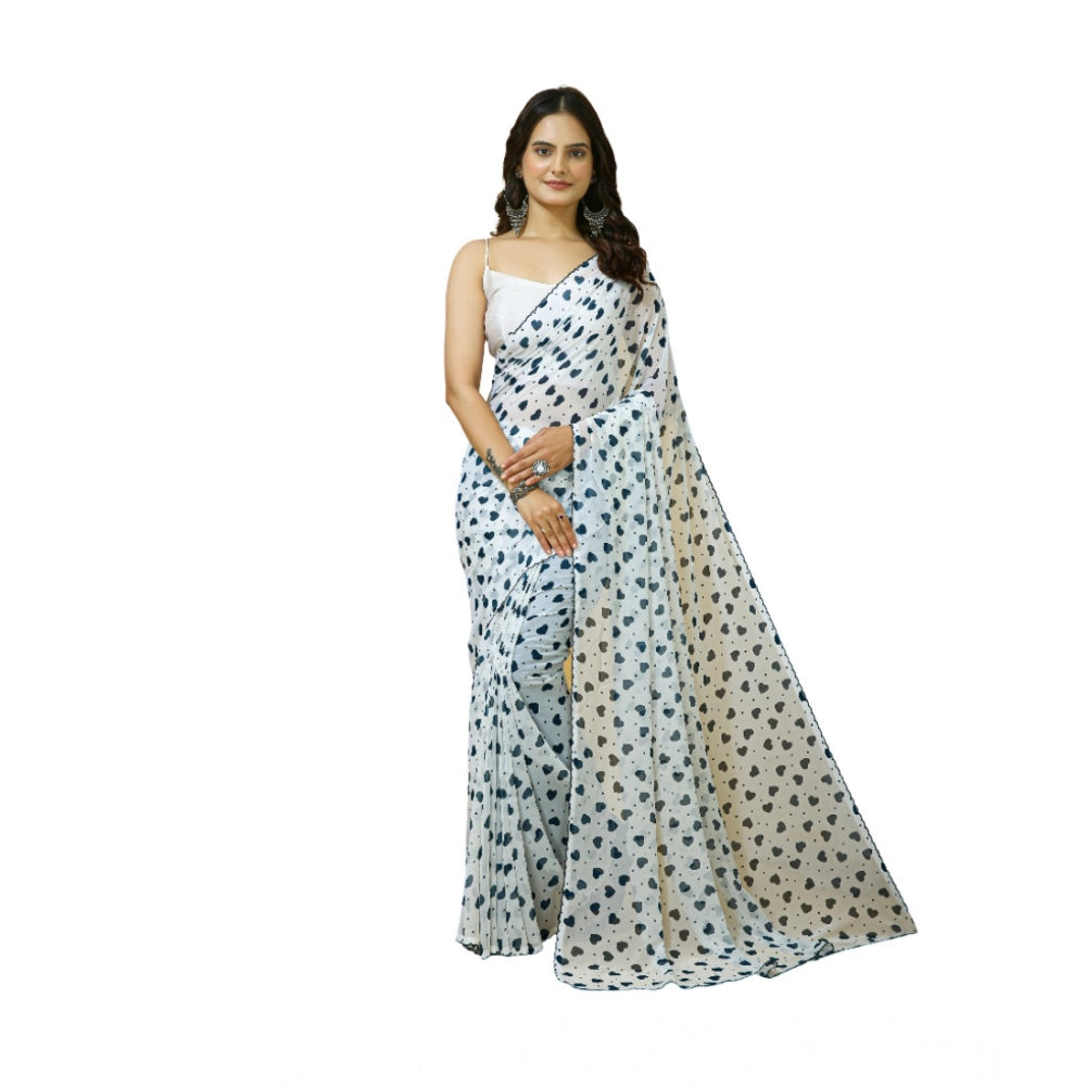 Women's Georgette Printed Saree With Unstitched Blouse 5.5 Mtr (White)