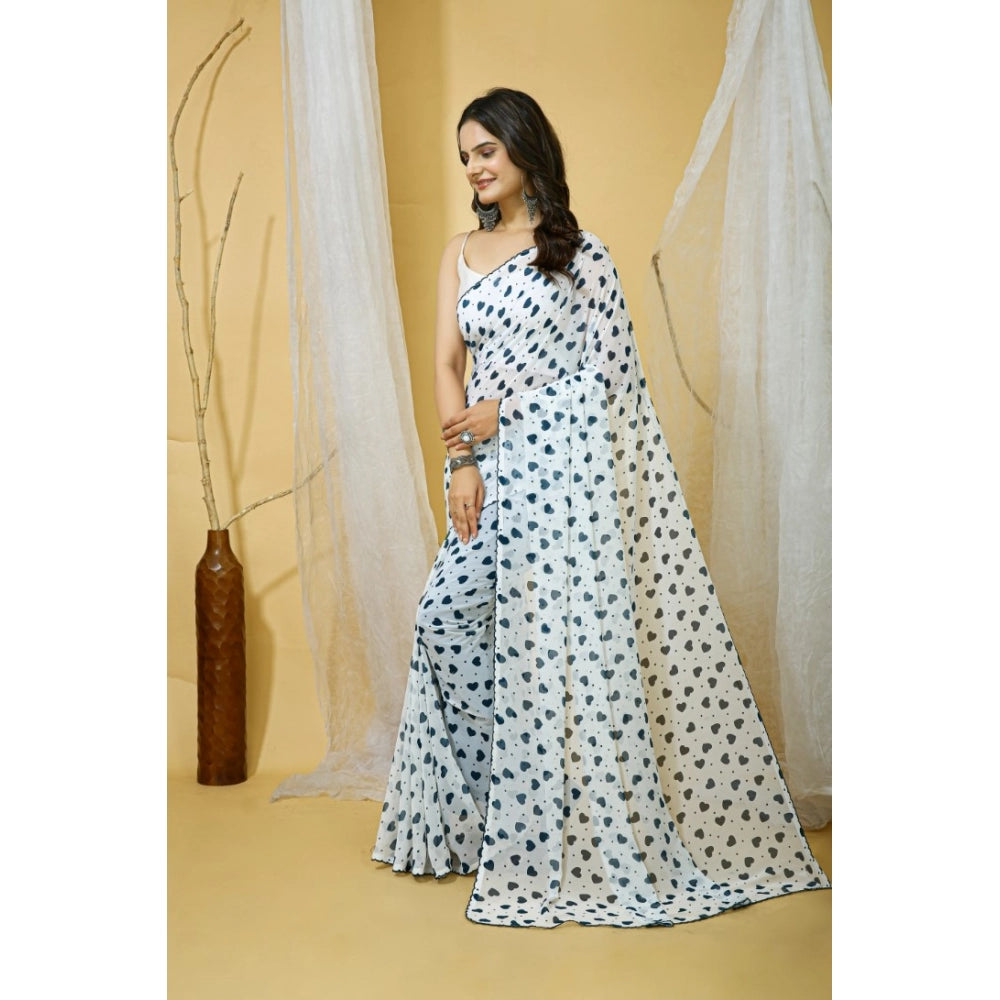Women's Georgette Printed Saree With Unstitched Blouse 5.5 Mtr (White)