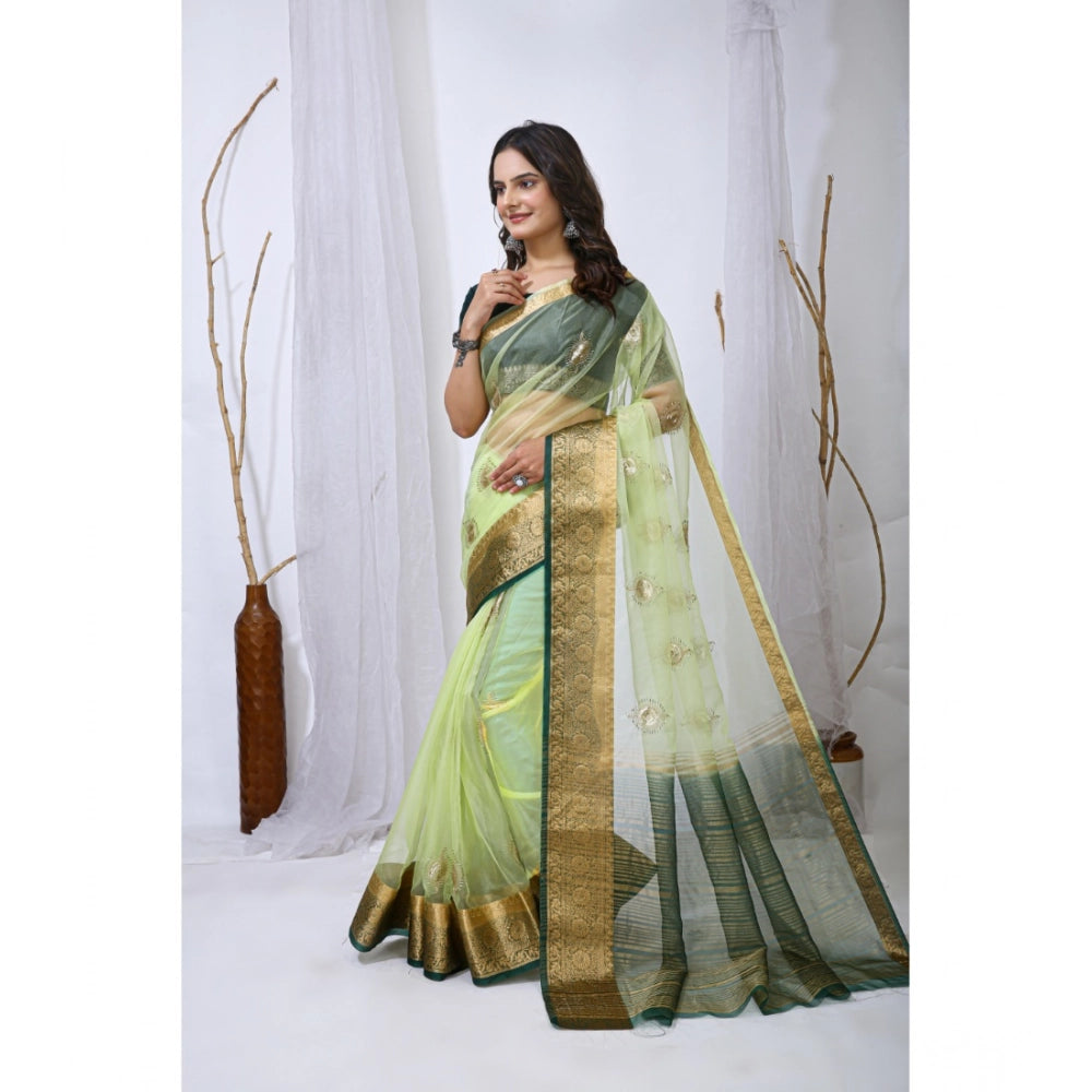 Women's Organza jacquard Embellished Saree With Unstitched Blouse 5.5 Mtr (Light Green)