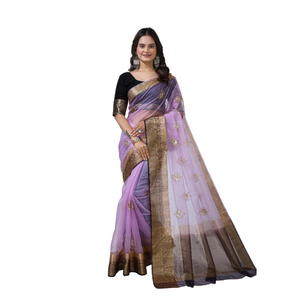 Women's Organza jacquard Embellished Saree With Unstitched Blouse 5.5 Mtr (Purple)