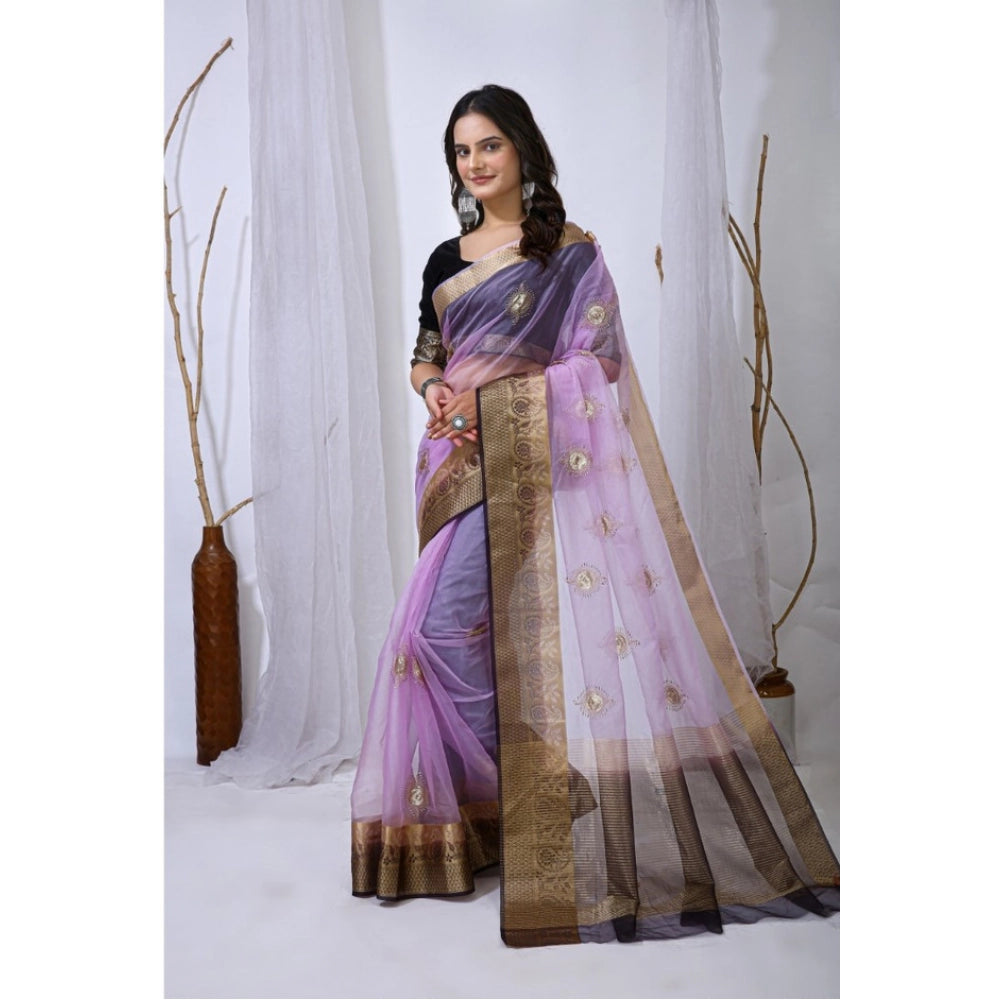 Women's Organza jacquard Embellished Saree With Unstitched Blouse 5.5 Mtr (Purple)
