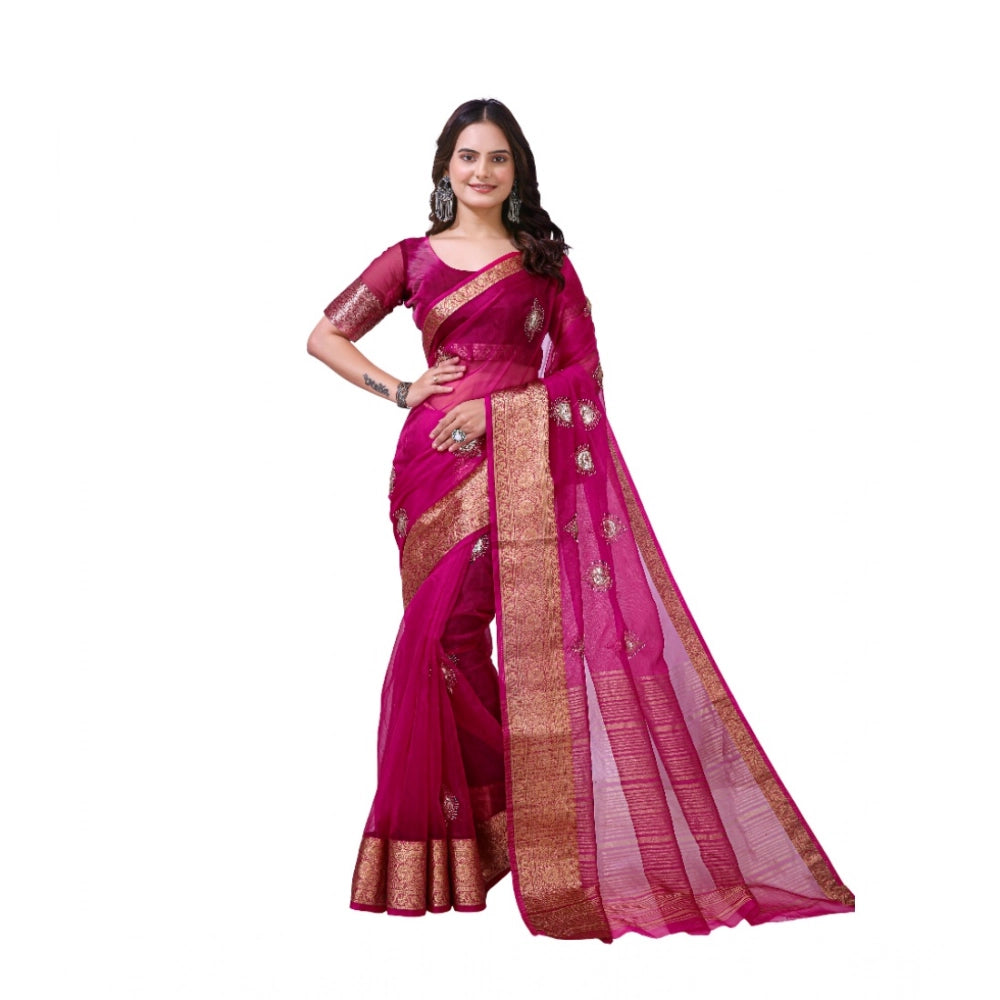 Women's Organza jacquard Embellished Saree With Unstitched Blouse 5.5 Mtr (Pink)