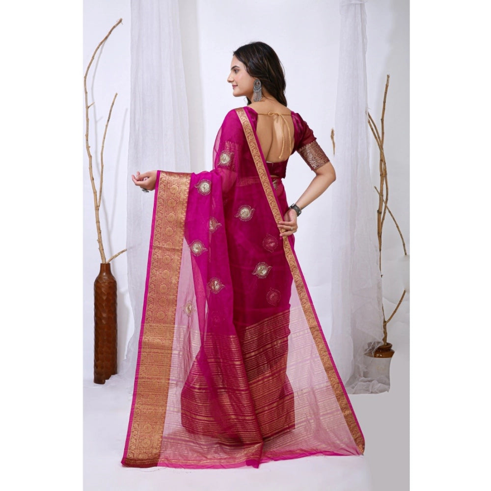 Women's Organza jacquard Embellished Saree With Unstitched Blouse 5.5 Mtr (Pink)