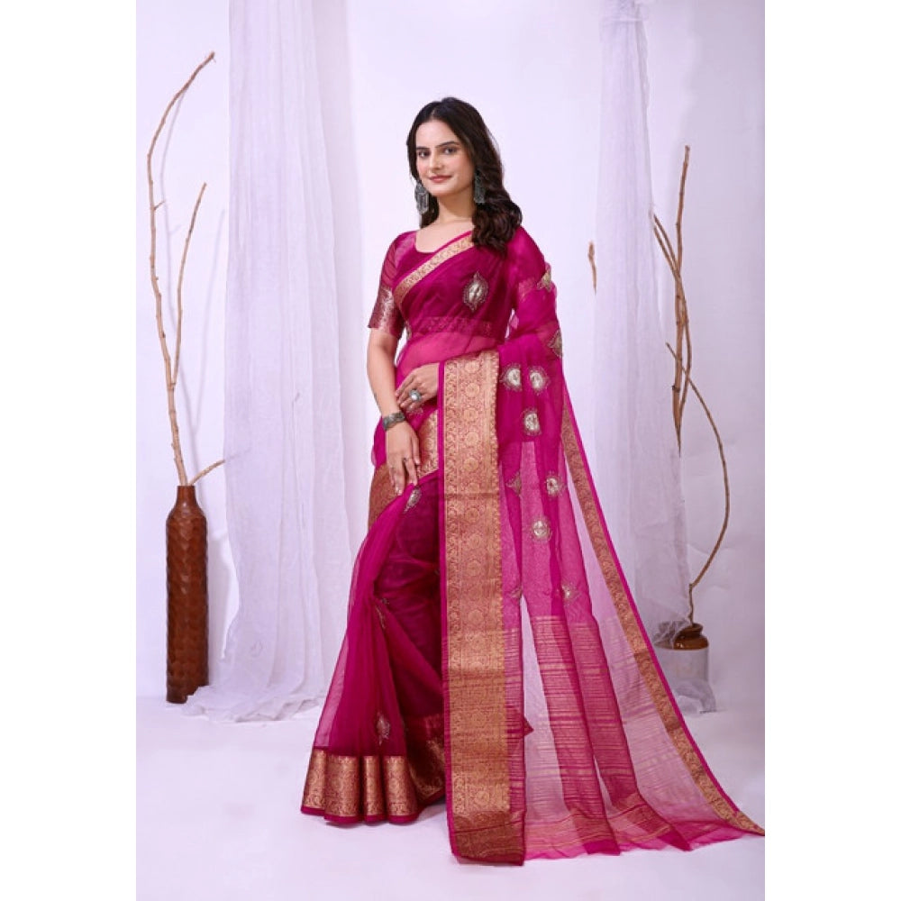 Women's Organza jacquard Embellished Saree With Unstitched Blouse 5.5 Mtr (Pink)