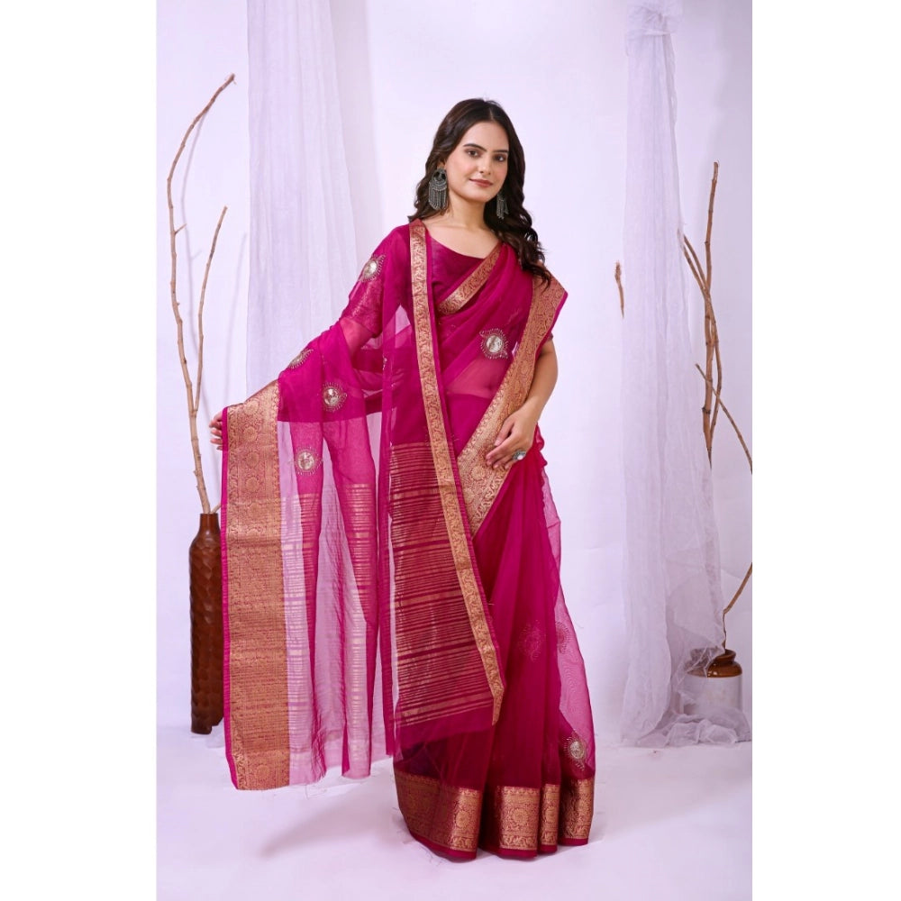 Women's Organza jacquard Embellished Saree With Unstitched Blouse 5.5 Mtr (Pink)