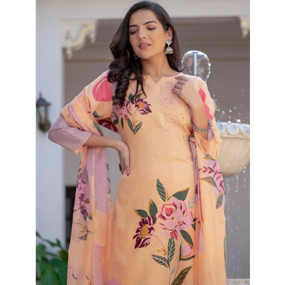Women's Cotton Blend Printed Kurti With Pant Dupatta Set (Orange) - POPNOVA