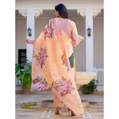 Women's Cotton Blend Printed Kurti With Pant Dupatta Set (Orange) - POPNOVA