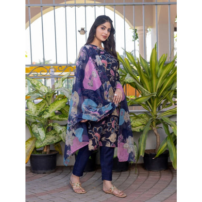 Women's Cotton Blend Printed Kurti With Pant Dupatta Set (NavyBlue) - POPNOVA