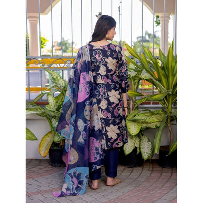 Women's Cotton Blend Printed Kurti With Pant Dupatta Set (NavyBlue) - POPNOVA