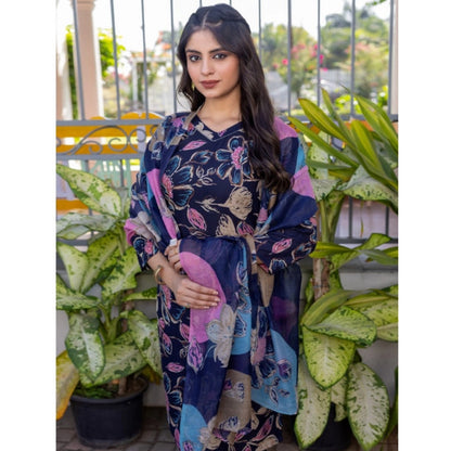 Women's Cotton Blend Printed Kurti With Pant Dupatta Set (NavyBlue) - POPNOVA
