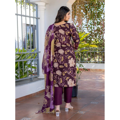 Women's Cotton Blend Printed Kurti With Pant Dupatta Set (Purple) - POPNOVA