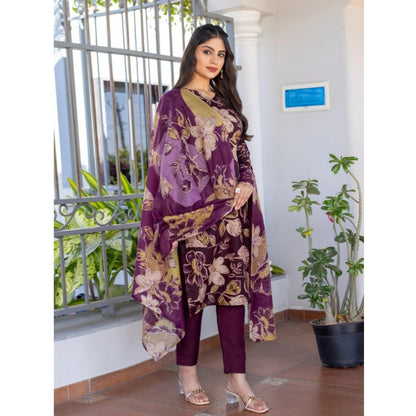 Women's Cotton Blend Printed Kurti With Pant Dupatta Set (Purple) - POPNOVA