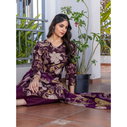 Women's Cotton Blend Printed Kurti With Pant Dupatta Set (Purple) - POPNOVA