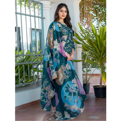 Women's Cotton Blend Printed Kurti With Pant Dupatta Set (Rama) - POPNOVA