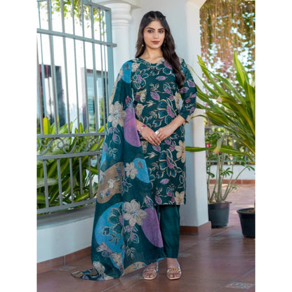 Women's Cotton Blend Printed Kurti With Pant Dupatta Set (Rama) - POPNOVA