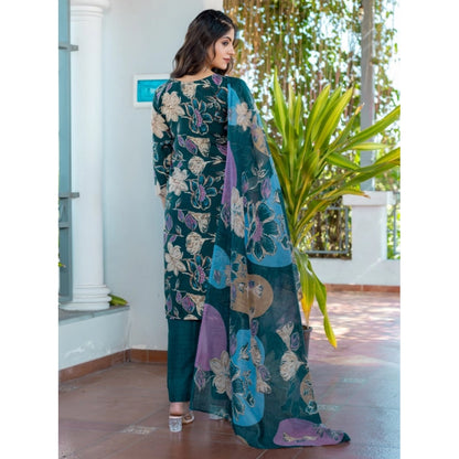 Women's Cotton Blend Printed Kurti With Pant Dupatta Set (Rama) - POPNOVA