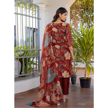 Women's Cotton Blend Printed Kurti With Pant Dupatta Set (Rust) - POPNOVA