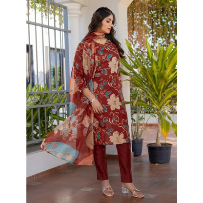 Women's Cotton Blend Printed Kurti With Pant Dupatta Set (Rust) - POPNOVA