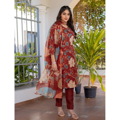 Women's Cotton Blend Printed Kurti With Pant Dupatta Set (Rust) - POPNOVA