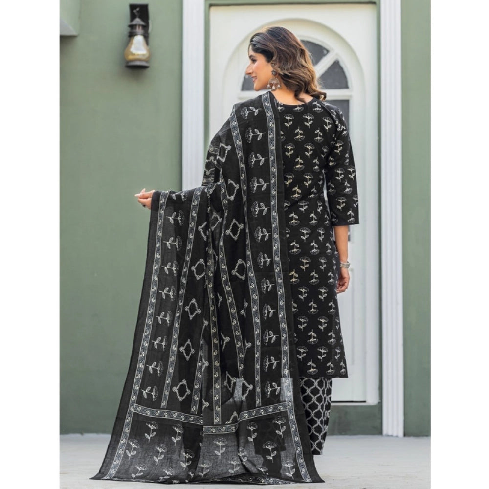Women's Cotton Blend Printed Kurti With Pant Dupatta Set (Black) - POPNOVA