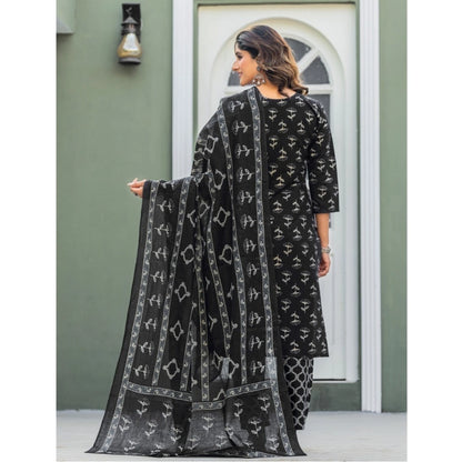 Women's Cotton Blend Printed Kurti With Pant Dupatta Set (Black) - POPNOVA