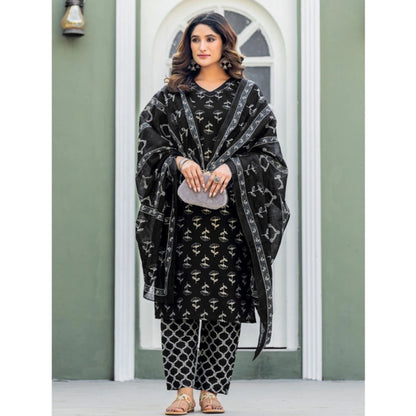 Women's Cotton Blend Printed Kurti With Pant Dupatta Set (Black) - POPNOVA