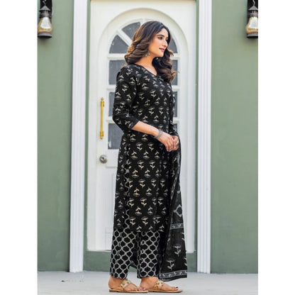 Women's Cotton Blend Printed Kurti With Pant Dupatta Set (Black) - POPNOVA