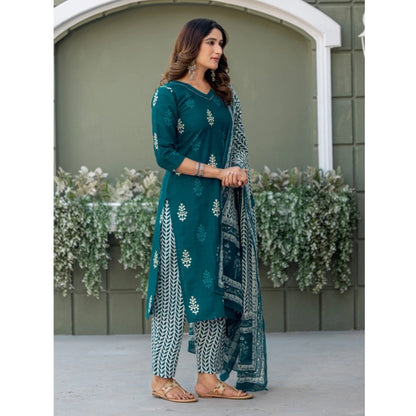 Women's Cotton Blend Printed Kurti With Pant Dupatta Set (Morpichh) - POPNOVA