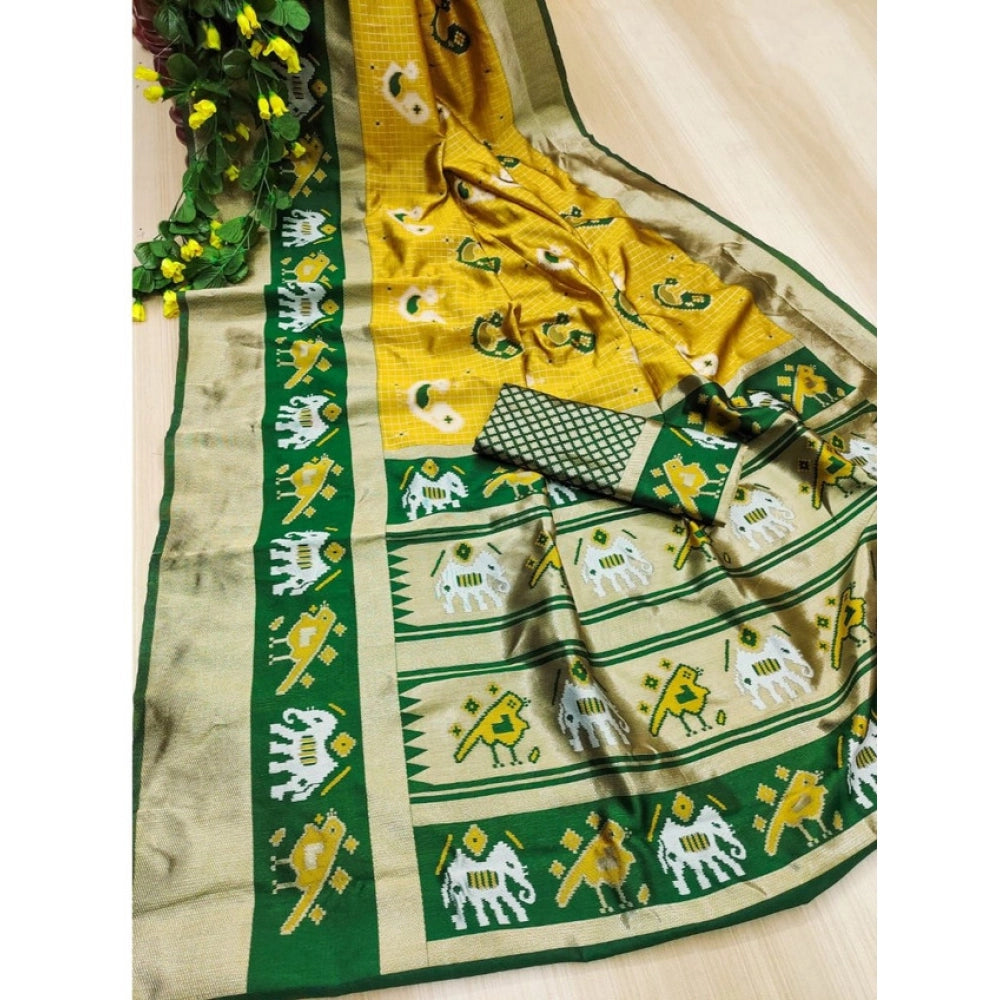 Women's Soft Litchi Silk Jacquard Work Saree With Unstitched Blouse 5.5 Mtr (Yellow-Green)