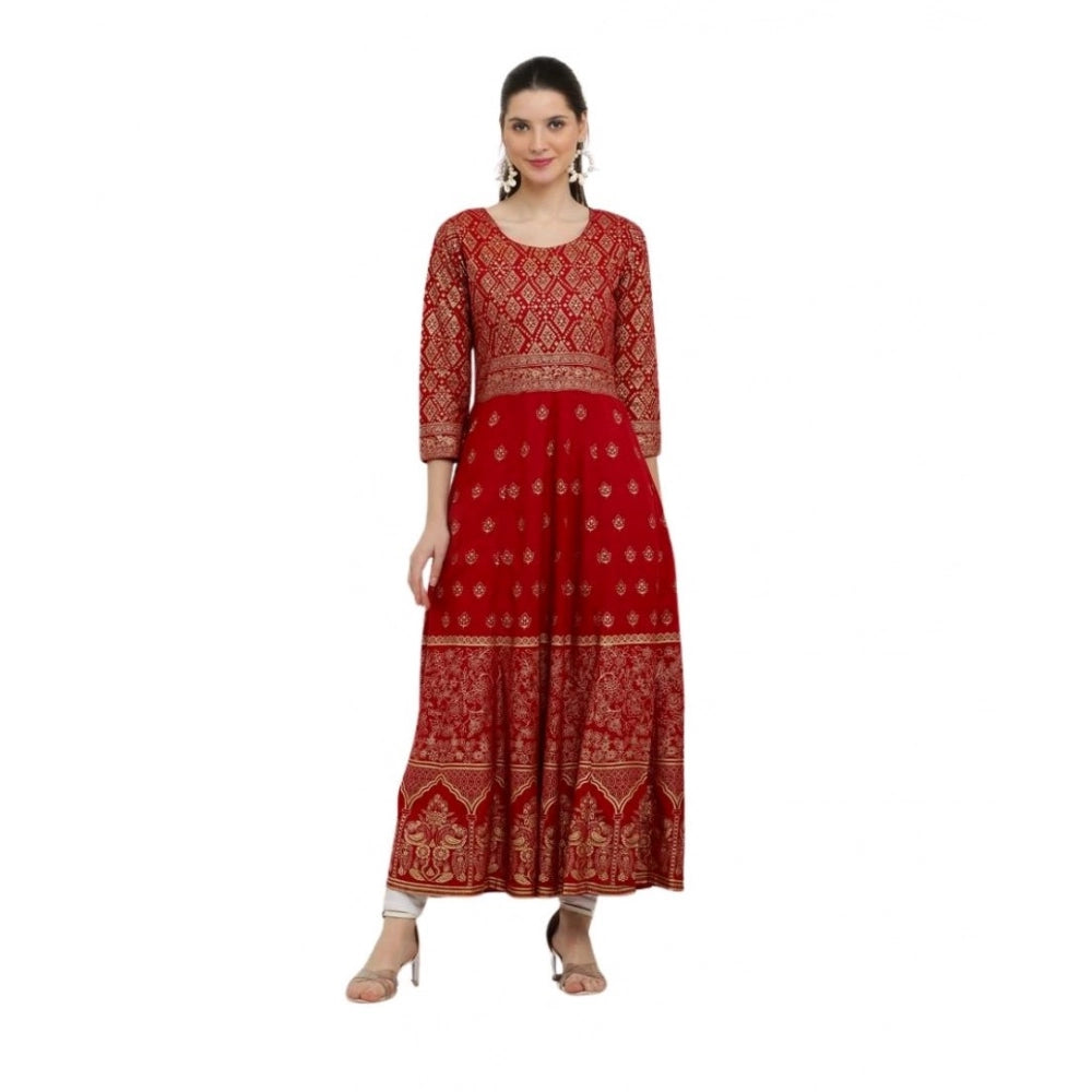 Women's Casual Rayon 3 - 4th Sleeves Anarkali Kurti - Red