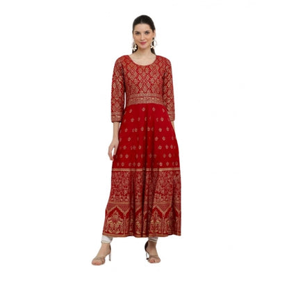Generic Women's Casual Rayon 3-4th Sleeves Anarkali Kurti (Red) - Women's Kurti | POPNOVA