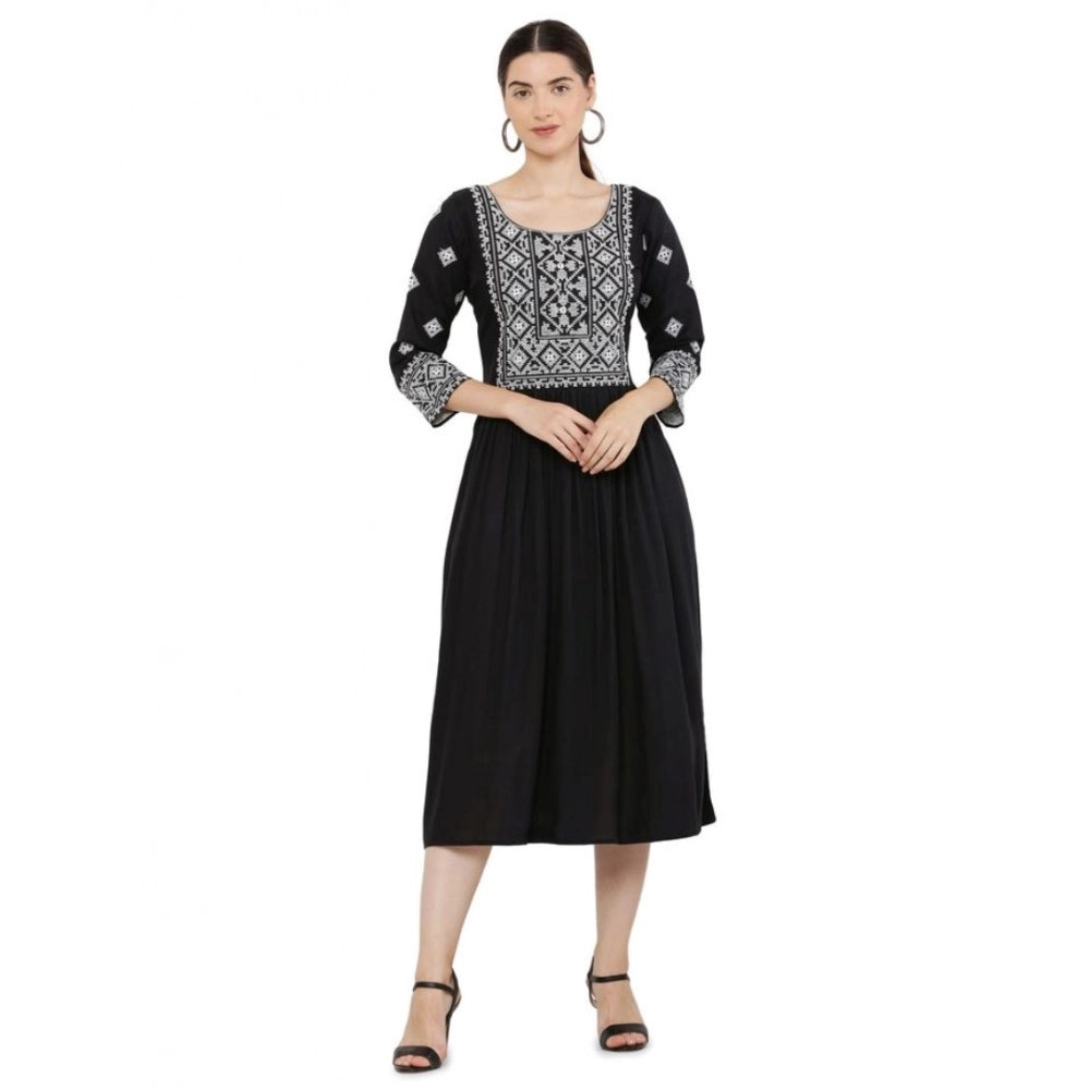 Women's Casual Rayon 3 - 4th Sleeves Kurti - Black