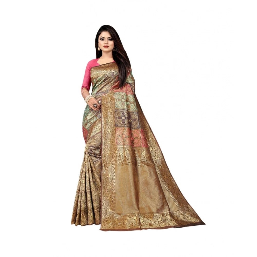 Women's Soft Lichi Silk Printed Saree With Unstitched Blouse 5.5 Mtr (Gold)