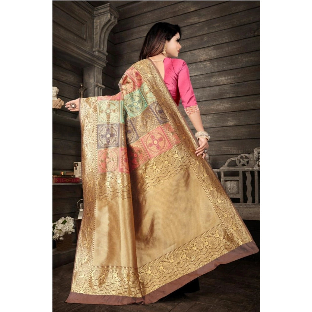 Women's Soft Lichi Silk Printed Saree With Unstitched Blouse 5.5 Mtr (Gold)