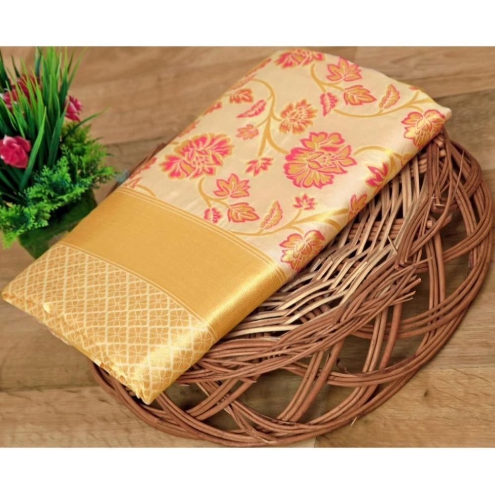 Women's Soft Lichi Silk Printed Saree With Unstitched Blouse 5.5 Mtr (Gold)