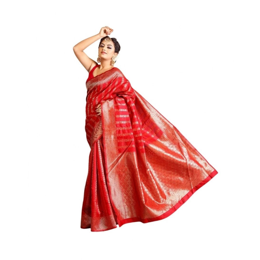 Women's Soft Lichi Silk Printed Saree With Unstitched Blouse 5.5 Mtr (Red)