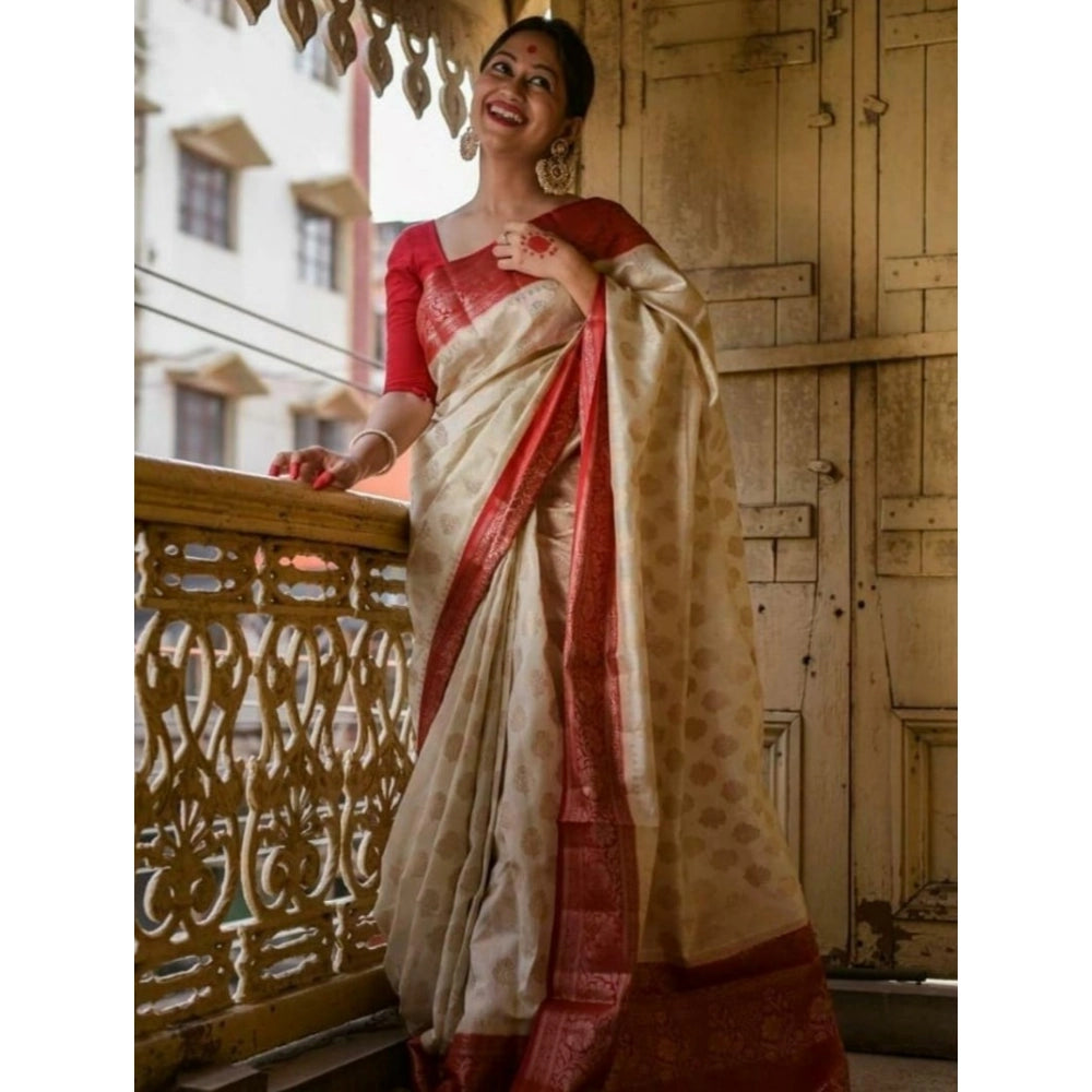 Women's Soft Lichi Silk Printed Saree With Unstitched Blouse 5.5 Mtr (White)