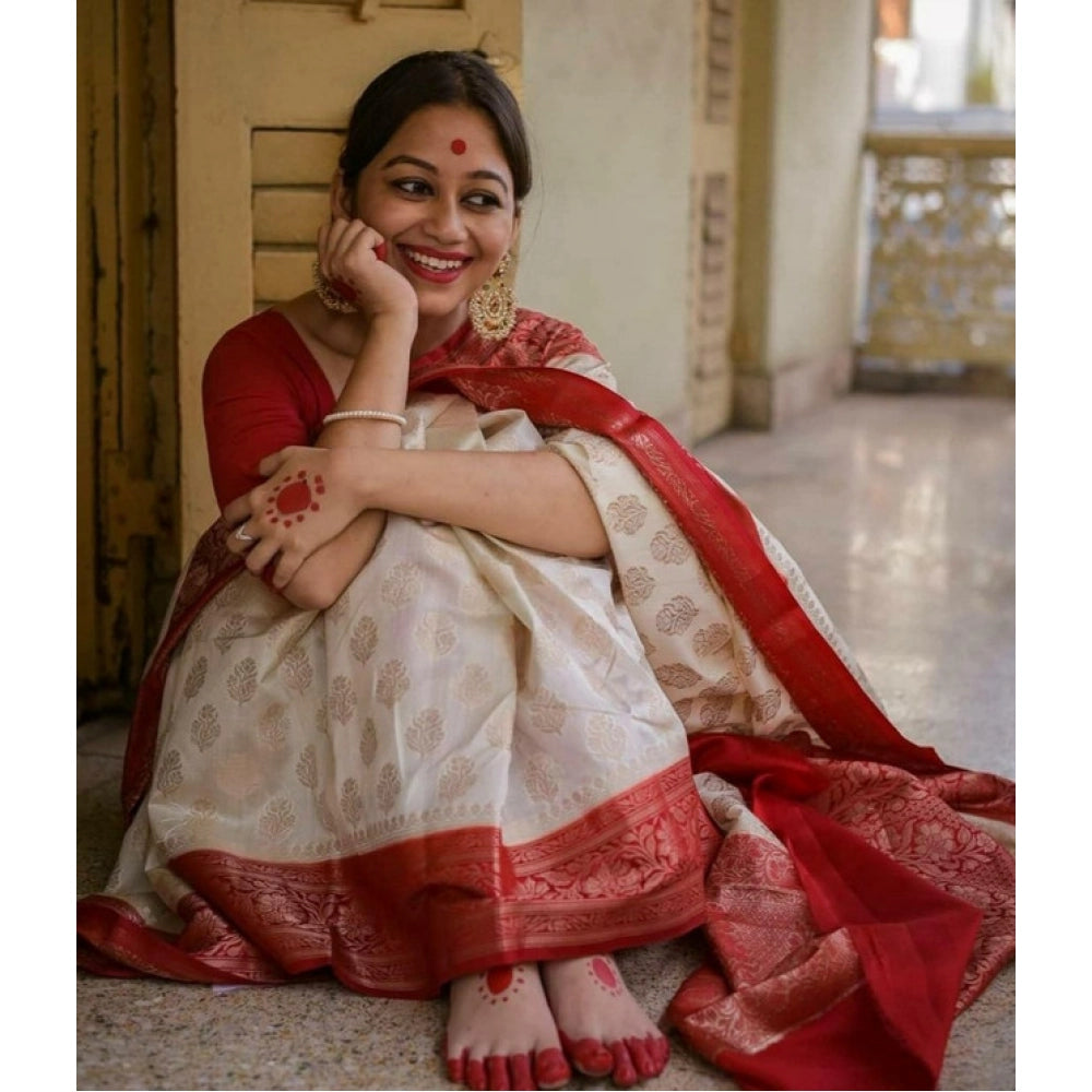 Women's Soft Lichi Silk Printed Saree With Unstitched Blouse 5.5 Mtr (White)