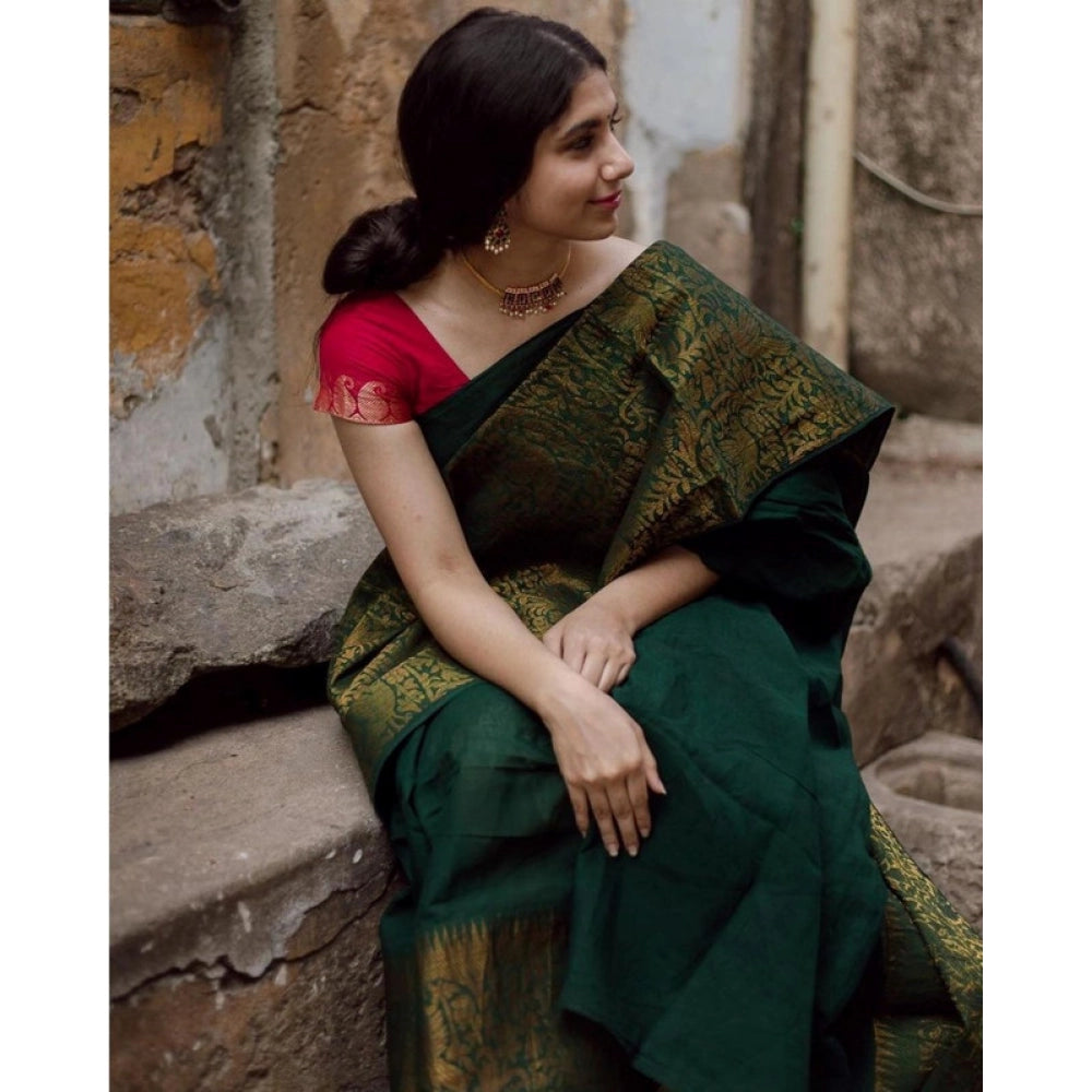 Women's Soft Lichi Silk Printed Saree With Unstitched Blouse 5.5 Mtr (Green)
