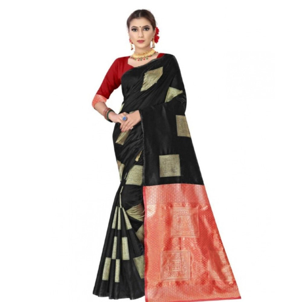 Women's Soft Lichi Silk Printed Saree With Unstitched Blouse 5.5 Mtr (Black)