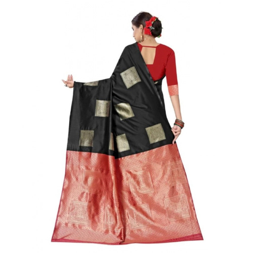 Women's Soft Lichi Silk Printed Saree With Unstitched Blouse 5.5 Mtr (Black)