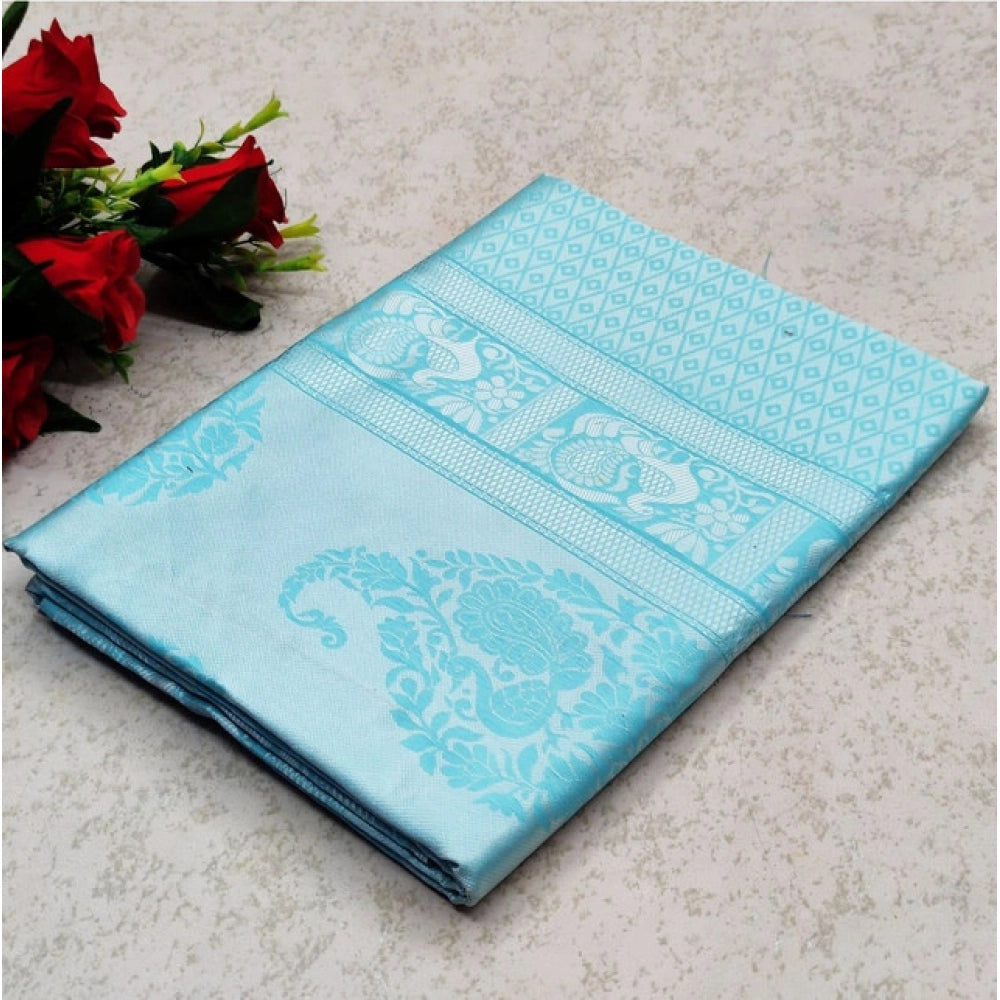 Women's Soft Lichi Silk Printed Saree With Unstitched Blouse 5.5 Mtr (Sky Blue)