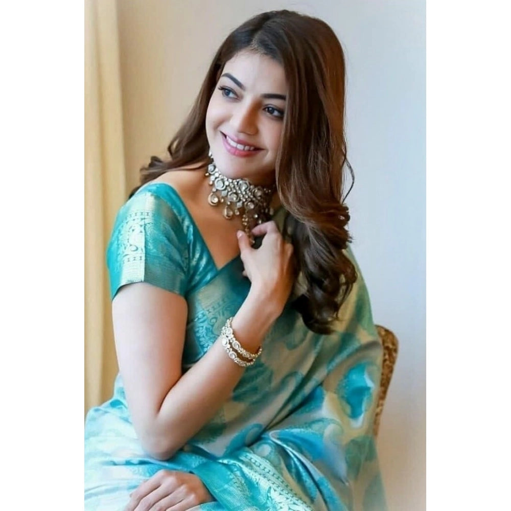Women's Soft Lichi Silk Printed Saree With Unstitched Blouse 5.5 Mtr (Sky Blue)
