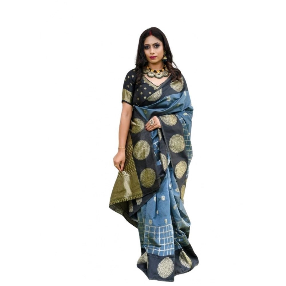 Women's Soft Lichi Silk Printed Saree With Unstitched Blouse 5.5 Mtr (Grey)