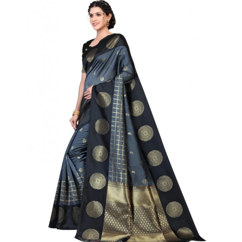Women's Soft Lichi Silk Printed Saree With Unstitched Blouse 5.5 Mtr (Black)