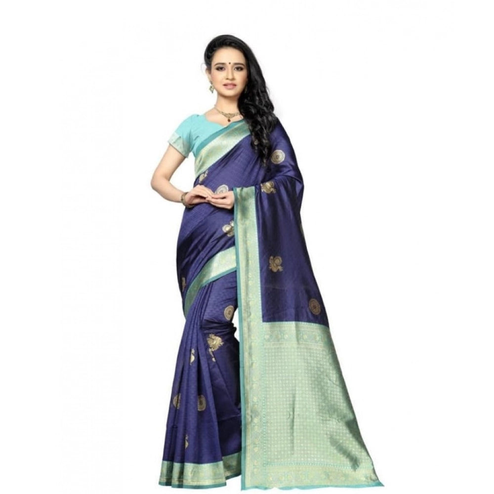 Women's Soft Lichi Silk Printed Saree With Unstitched Blouse 5.5 Mtr (Navy Blue)