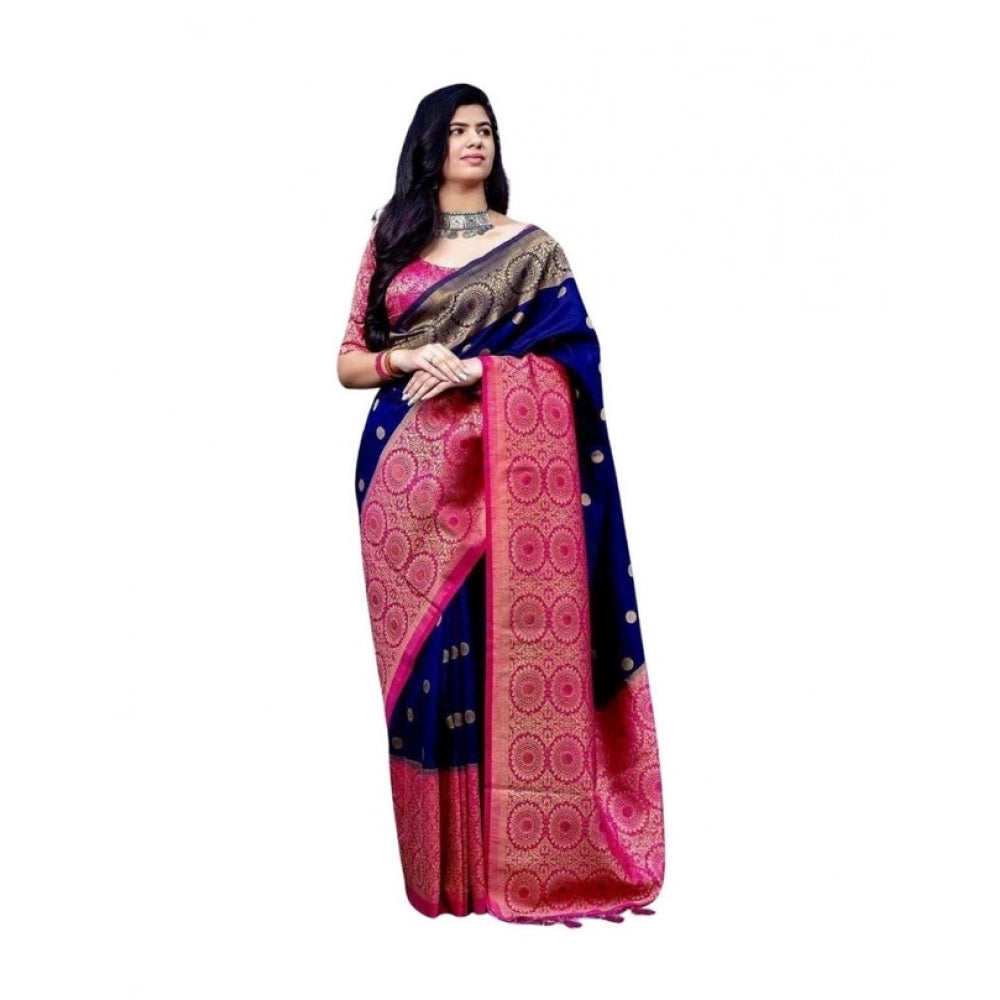 Women's Soft Lichi Silk Printed Saree With Unstitched Blouse 5.5 Mtr (Blue)